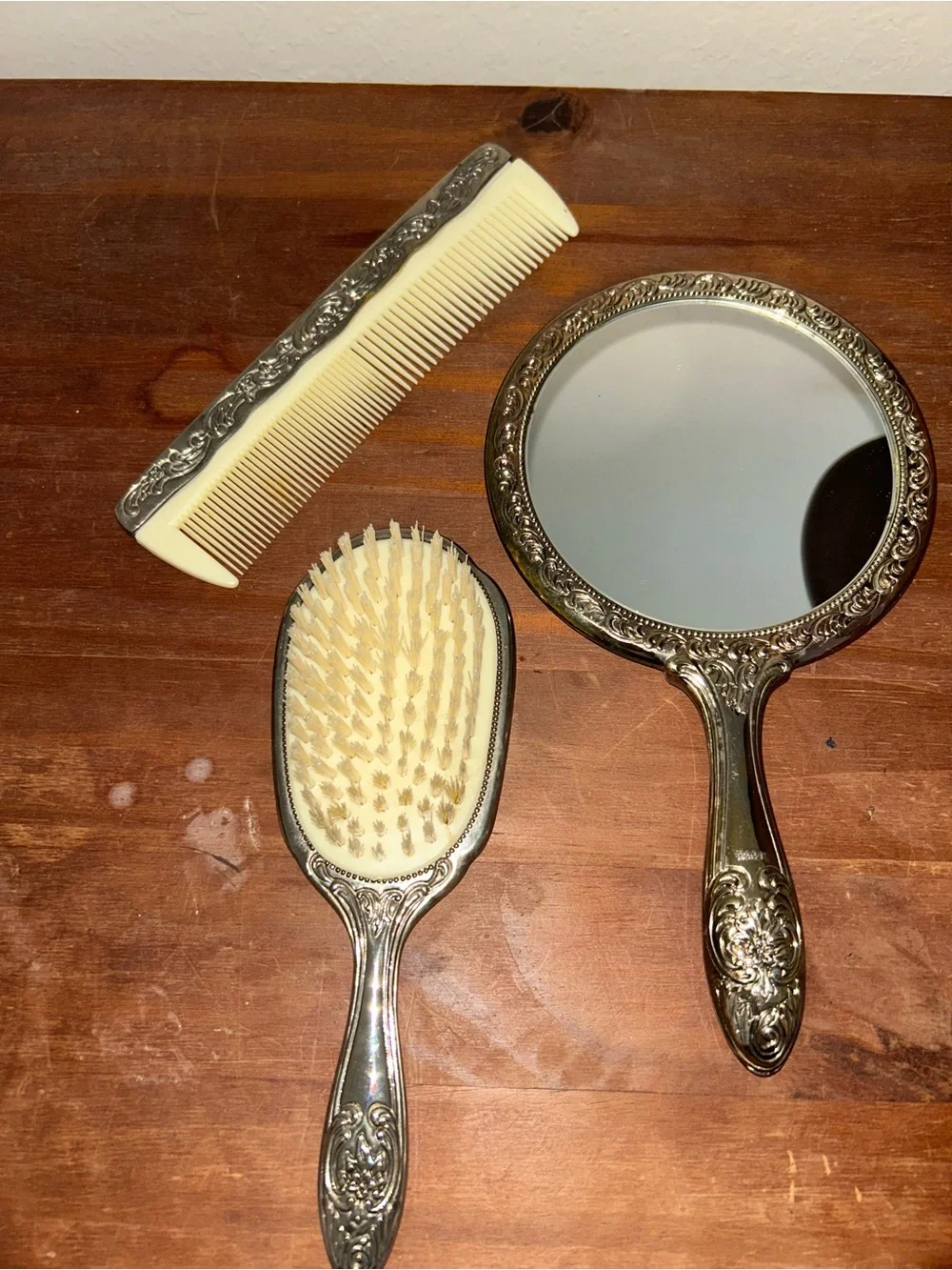 Vintage Towle Silverplated 3 Pc Dresser Set Vanity Mirror Brush Comb New